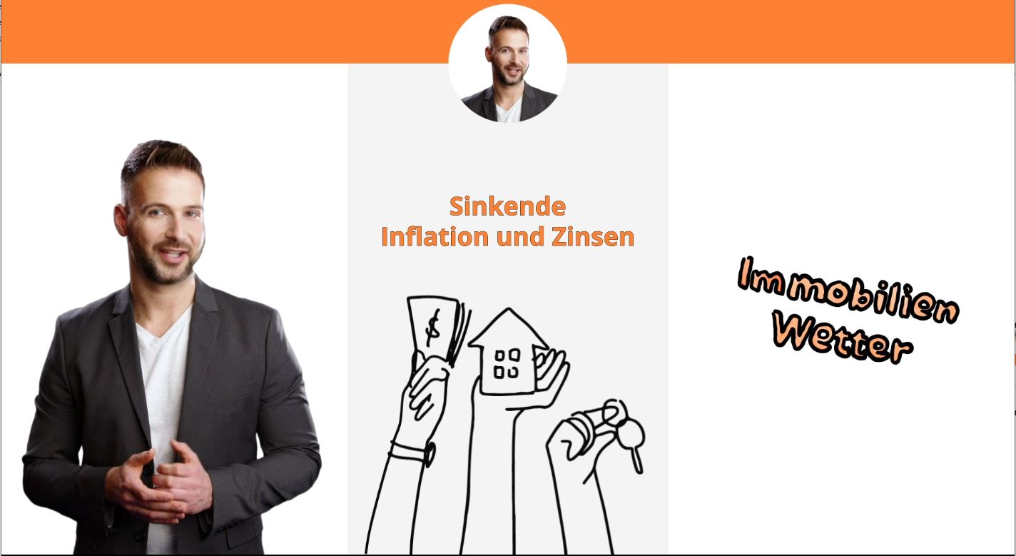 Links steht ein Mann und erklärt die Entwicklung an den Immobilienmärkten. In der Mitte ist sind Hände zu sehen, die stellvertretend für Inflation und Zinsen, Geldscheine, ein Haus und einen Schlüssel in der Hand halten