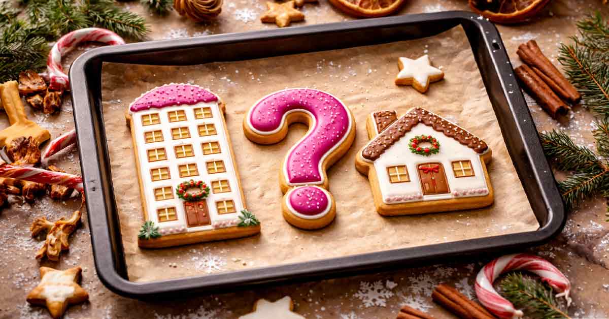 Weihnachtliche Plätzchen in Form eines Mehrfamilienhauses, eines Einfamilienhauses und eines Fragezeichens auf einem Backblech – Symbolbild für die Entscheidung „Miete oder Kauf“ und Wohnfragen 2026. | Immobilienkauf