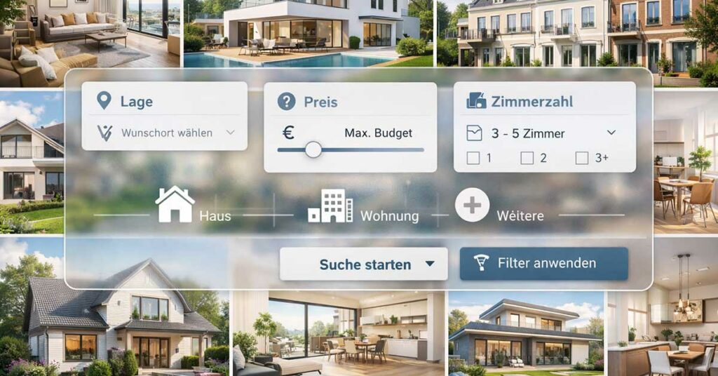Visuelle Collage aus hochwertigen Fotografien verschiedener Immobilien, darunter moderne Wohnungen, Einfamilienhäuser und Stadthäuser in heller, freundlicher Atmosphäre. Über der Collage liegt eine halbtransparente digitale Suchoberfläche mit stilisierten Filterfeldern und Icons. In der Suchmaske sind Begriffe wie ‚Lage‘, ‚Preis‘ und ‚Zimmerzahl‘ hervorgehoben, ergänzt durch grafische Elemente wie Schieberegler, Kartenmarkierungen und Auswahlkästchen. Die Gesamtwirkung ist modern, professionell und technisch-digital, mit klarer, aufgeräumter Ästhetik und harmonischer Farbgebung. - Als Symbolbild für Suchauftrag beim Immobilienmakler.| Immobilienkauf