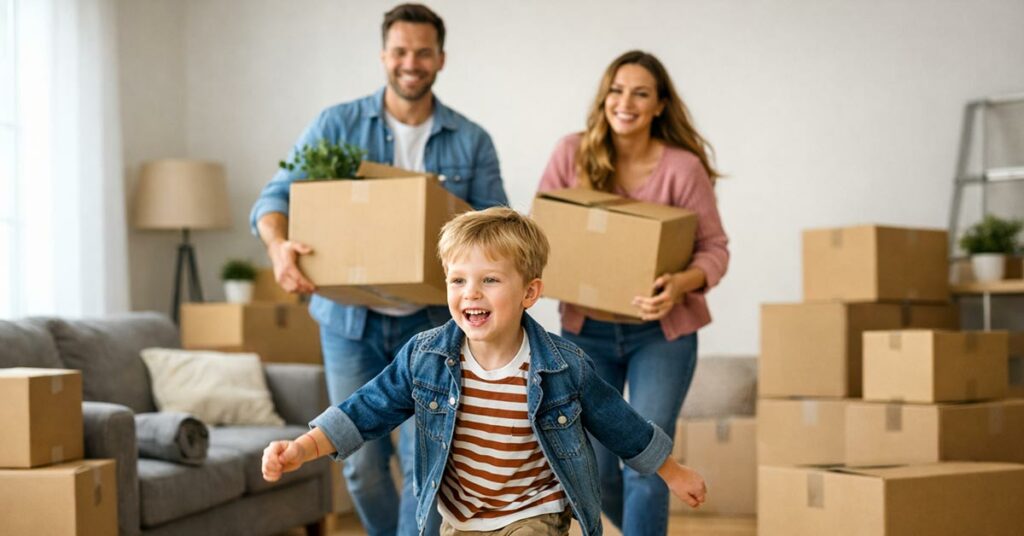 Eine glückliche junge Familie trägt volle Umzugskartons in die neue Wohnung, die sie sich gekauft haben. Das Kind rennt spielerisch vor den Eltern im Wohnzimmer. | Immobilienkauf