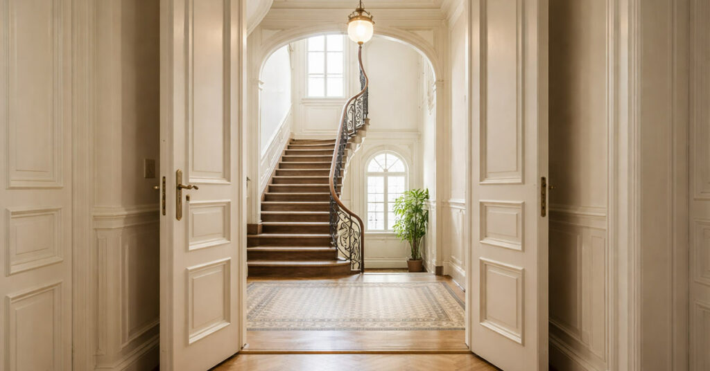 Helle, Altbau-Eigentumswohnung in einem gepflegten Mehrfamilienhaus, Blick vom Flur der Wohnung durch eine offene Altbau-Wohnungstür in ein sauberes, Altbau-Treppenhaus, viel natürliches Tageslicht, aufgeräumt und hochwertig, professionelle Immobilienfotografie, realistisch, hohe Auflösung, weiche Lichtstimmung | Immobilienverkauf