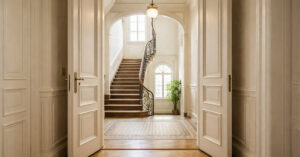 Helle, Altbau-Eigentumswohnung in einem gepflegten Mehrfamilienhaus, Blick vom Flur der Wohnung durch eine offene Altbau-Wohnungstür in ein sauberes, Altbau-Treppenhaus, viel natürliches Tageslicht, aufgeräumt und hochwertig, professionelle Immobilienfotografie, realistisch, hohe Auflösung, weiche Lichtstimmung | Immobilienverkauf