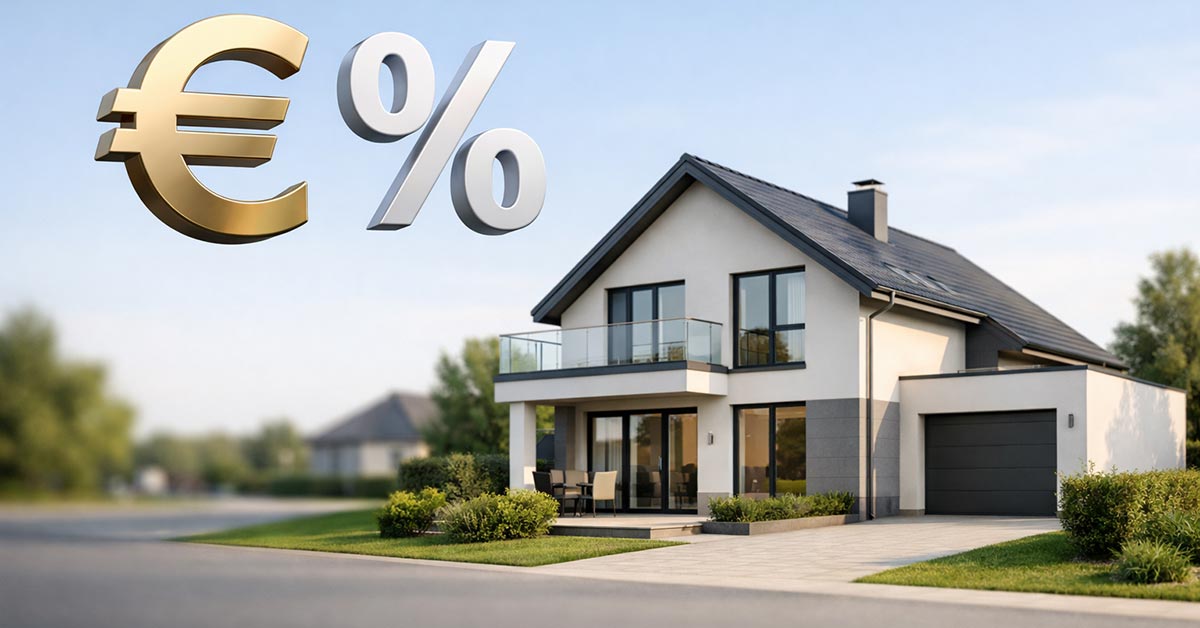 Modernes Einfamilienhaus mit Euro-Symbol und Prozentzeichen als schwebende grafische Elemente über dem Haus - Symbolbild für den Immobilienverkauf mit laufendem Kredit | Immobilieverkauf mit bestehendem Darlehen - Vorfälligkeitsentschädigung