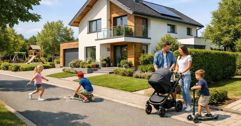 Modernes Einfamilienhaus in einer ruhigen, familienfreundlichen Wohngegend, gepflegte Vorgärten, breite saubere Straße, spielende Kinder auf dem Gehweg, junge Familie mit Kinderwagen vor dem Haus, viel Grün, Bäume und ein kleiner Spielplatz im Hintergrund. Lage Immobilienkauf