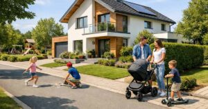 Modernes Einfamilienhaus in einer ruhigen, familienfreundlichen Wohngegend, gepflegte Vorgärten, breite saubere Straße, spielende Kinder auf dem Gehweg, junge Familie mit Kinderwagen vor dem Haus, viel Grün, Bäume und ein kleiner Spielplatz im Hintergrund. Lage Immobilienkauf