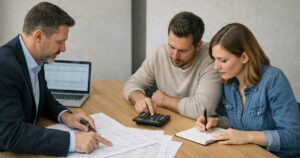 Ein Immobilienmakler sitzt mit einem Paar (ca. 30–45 Jahre) an einem Tisch. Auf dem Tisch liegen sichtbar strukturierte Unterlagen mit Kostenaufstellungen, Taschenrechner, Notizblock mit Zahlen, Laptop mit Tabellenansicht. Der Makler zeigt mit einem Stift auf eine Kostenposition, während das Paar konzentriert mitrechnet. Immobilienkauf