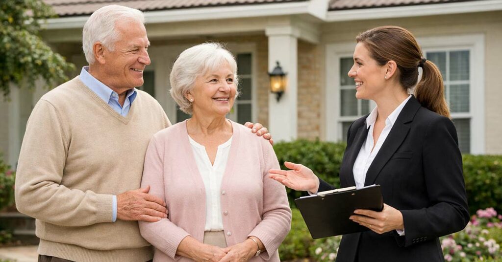 Eine Maklerin berät ein Seniorenpaar vor deren Immobilie- Makleralleinauftrag