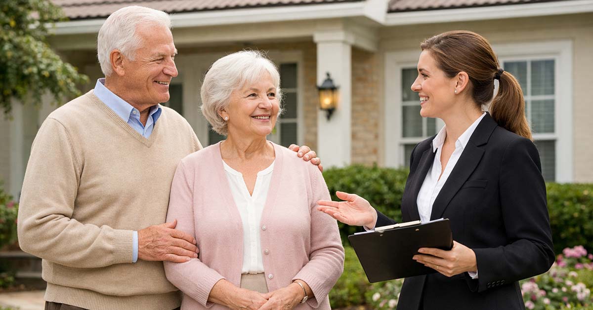 Eine Maklerin berät ein Seniorenpaar vor deren Immobilie- Makleralleinauftrag