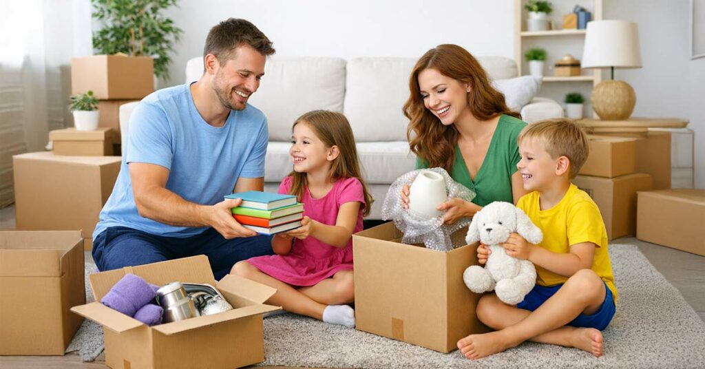 Eine Familie mit zwei Kindern packt in einem Wohnzimmer Umzugskartons aus. - Symbolbild dafür, dass der Immobilienkauf mit der richtigen Finanzierung geklappt hat | Immobilienfinanzierung