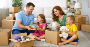 Eine Familie mit zwei Kindern packt in einem Wohnzimmer Umzugskartons aus. - Symbolbild dafür, dass der Immobilienkauf mit der richtigen Finanzierung geklappt hat | Immobilienfinanzierung
