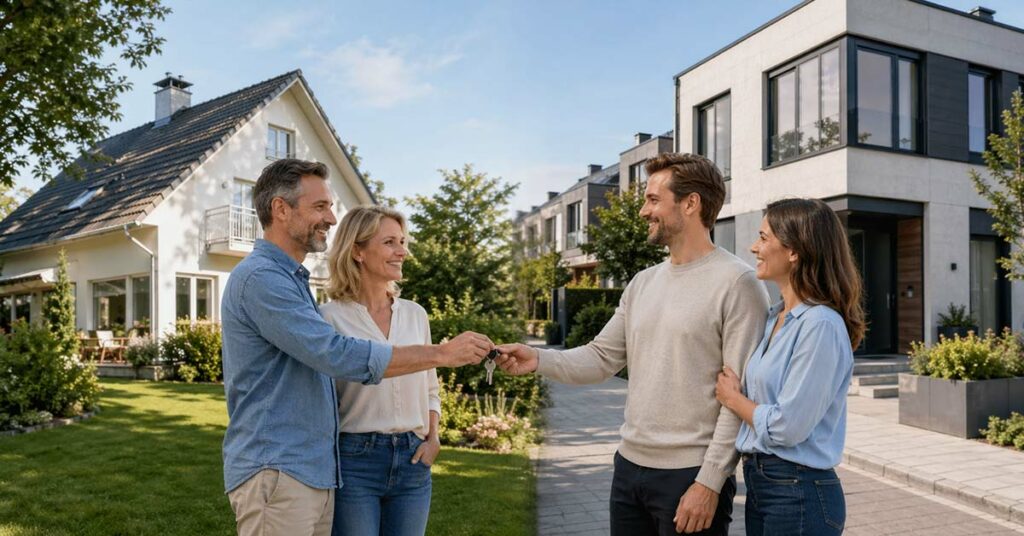 Vier Erwachsene stehen zwischen einem Einfamilienhaus und einer modernen Stadtvilla und übergeben sich symbolisch einen Schlüssel als Zeichen für einen Immobilientausch. | Immobilientausch