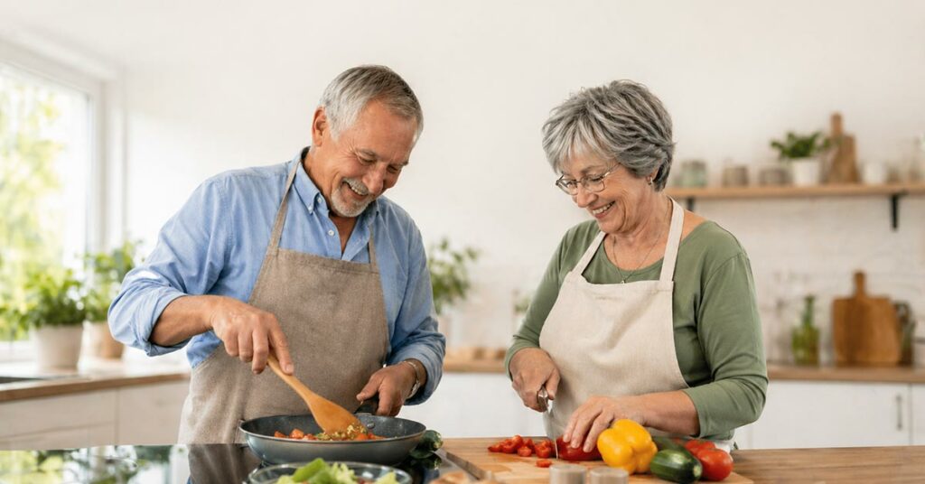 Älteres Paar kocht gemeinsam in einer hellen, modern gestalteten Küche – ein Beispiel für komfortables und barrierefreies Wohnen im Alltag. | Barrierfreier Umbau