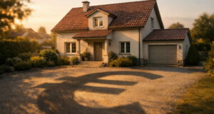 Gepflegte Immobilie mit klarer Architektur und ruhiger Ausstrahlung. Der Schatten des Hauses bildet dezent ein Euro-Symbol und verweist auf finanzielle Belastungen. Erbe Hypothek