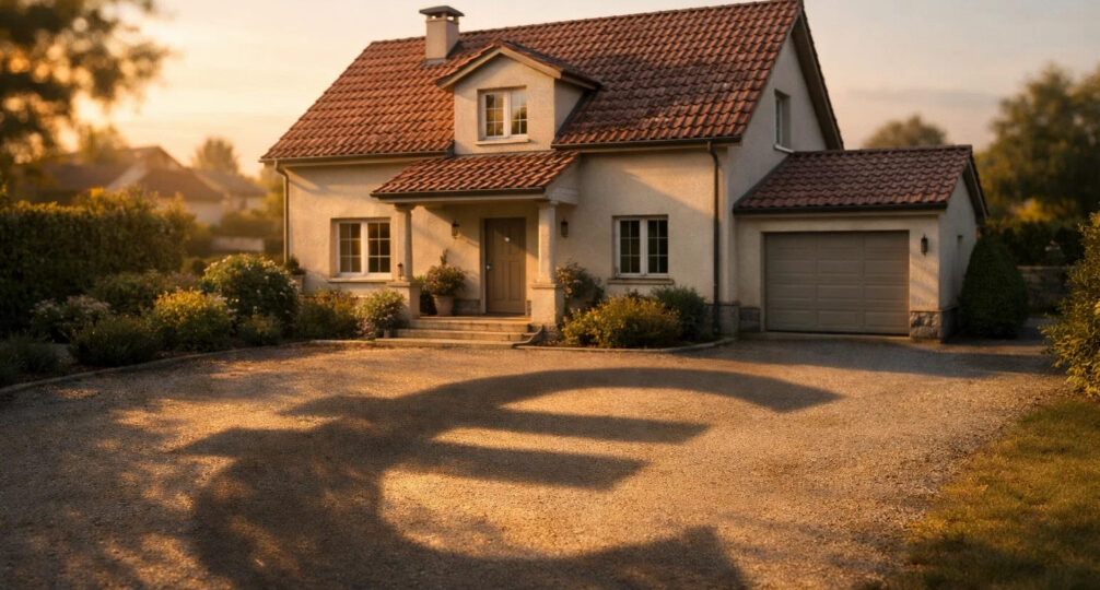 Gepflegte Immobilie mit klarer Architektur und ruhiger Ausstrahlung. Der Schatten des Hauses bildet dezent ein Euro-Symbol und verweist auf finanzielle Belastungen. Erbe Hypothek