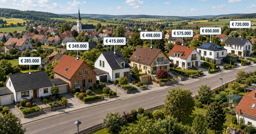 Luftaufnahme einer Wohnstraße mit Einfamilienhäusern und Preisangaben als Beispiel für das Vergleichswertverfahren bei Immobilien. | Vergleichswertverfahren