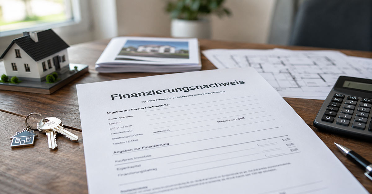 Finanzierungsnachweis liegt auf einem Tisch neben Hausschlüsseln, Modellhaus, Grundriss und Taschenrechner – Symbolbild für die Finanzierungsbestätigung beim Immobilienkauf. - Immobilienfinanzierung