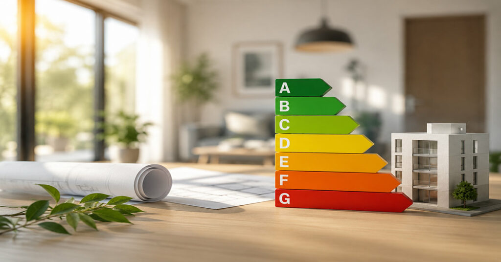Energieeffizienzskala von A bis G neben Hausmodell und Bauplänen – Symbolbild für den Energieausweis beim Immobilienverkauf.