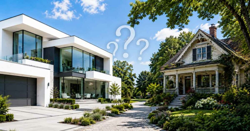 Ein moderner Neubau und ein älteres Bestandsgebäude stehen einander gegenüber und symbolisieren die Entscheidung zwischen neuem Zuhause und bestehender Immobilie. I Neubau oder Bestandsimmobilie?