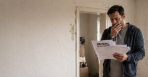 Besorgter Vermieter prüft Mahnung wegen Mietrückstand in beschädigter Wohnung I Mietnomaden