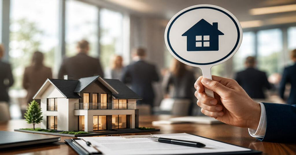 Immobilienmodell und Hand mit Haussymbol stehen für ein Bieterverfahren beim Immobilienverkauf. I Bieterverfahren
