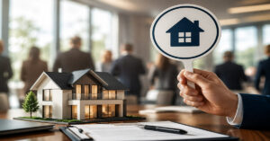 Immobilienmodell und Hand mit Haussymbol stehen für ein Bieterverfahren beim Immobilienverkauf. I Bieterverfahren