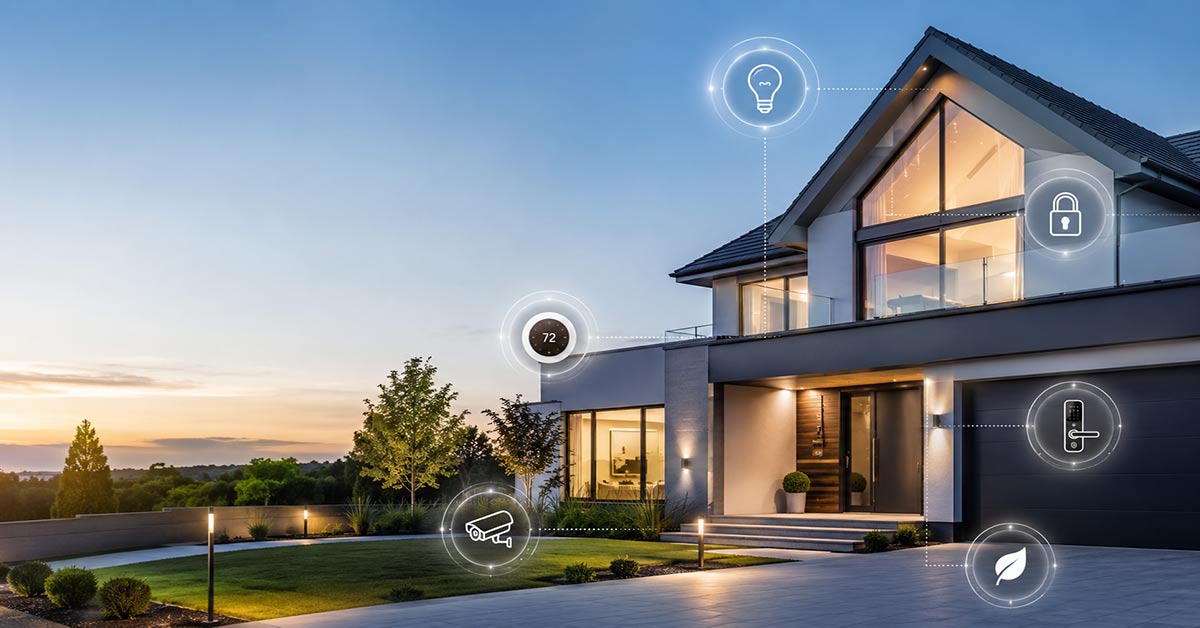 Modernes Einfamilienhaus mit vernetzten Smart-Home-Funktionen für Beleuchtung, Sicherheit, Heizung und Zugangskontrolle. I Smart-Home
