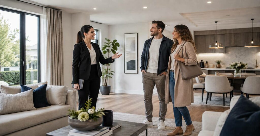 Immobilienmaklerin führt ein Paar durch ein modernes, helles Wohnzimmer – Symbolbild zum Thema professionelles Besichtigungsmanagement bei Immobilien.