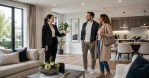 Immobilienmaklerin führt ein Paar durch ein modernes, helles Wohnzimmer – Symbolbild zum Thema professionelles Besichtigungsmanagement bei Immobilien.