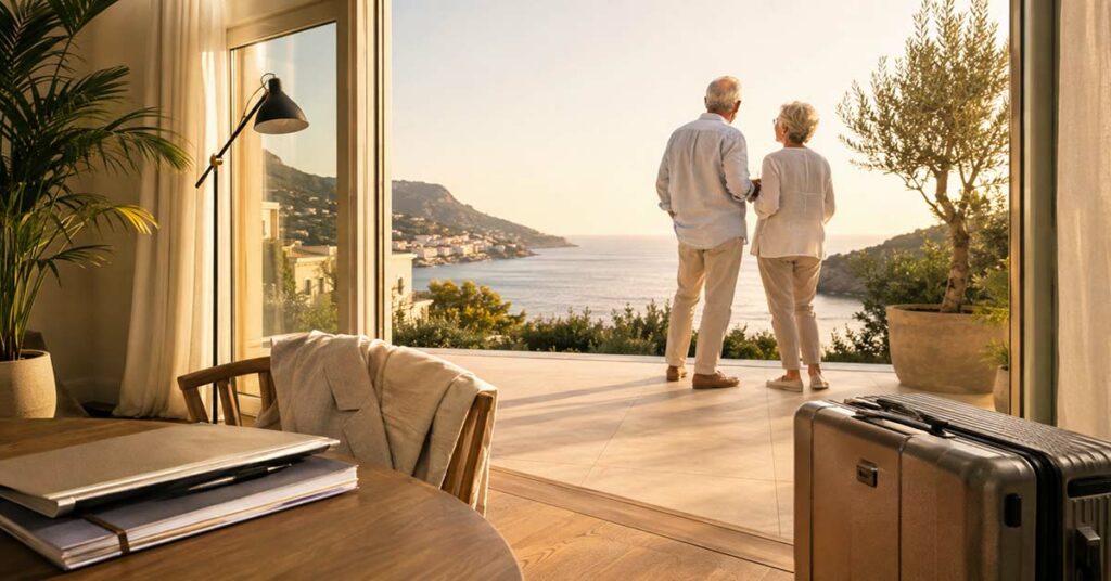 Älteres Paar blickt von der Terrasse seines Hauses auf eine sonnige Küstenlandschaft – Sinnbild für einen Lebensabend im Ausland.