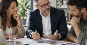 Ein Immobilienmakler bespricht mit einem Paar Unterlagen und Fotos zu einer Immobilie und berät sie im persönlichen Gespräch.