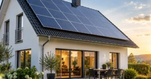 Modernes Einfamilienhaus mit Photovoltaikanlage auf dem Dach als Beispiel für den Einfluss von Solarenergie auf den Immobilienwert.