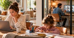 Familie im Homeoffice: Mutter arbeitet am Laptop, Kind macht Hausaufgaben und Vater nimmt an einer Videokonferenz teil – Homeoffice-Boom.